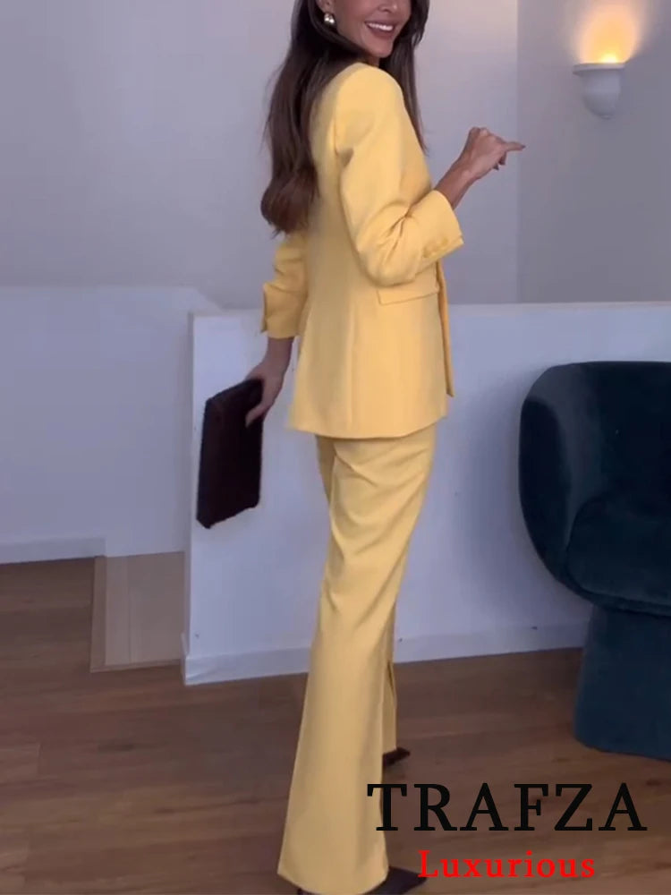 TRAFZA Vintage Office Lady Yellow Solid Suit V Neck Pockets Double Breasted Blazer Straight Loose Pants New Fashion 2025 Sets