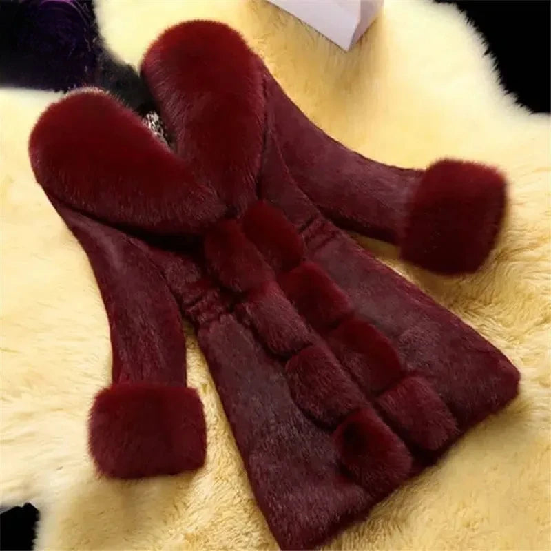 Korea Fashion Imitation Rabbit Hair Jacket Women's Elegant Fake Fur Coat Female Clothing Winter Slim Warm Mid-Long Overcoat