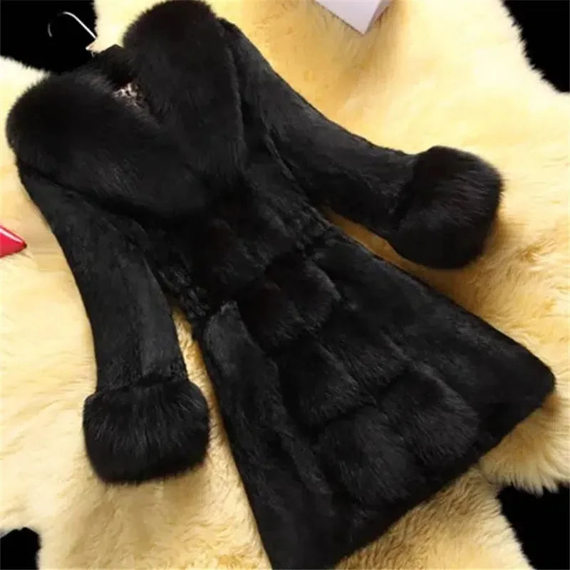 Korea Fashion Imitation Rabbit Hair Jacket Women's Elegant Fake Fur Coat Female Clothing Winter Slim Warm Mid-Long Overcoat