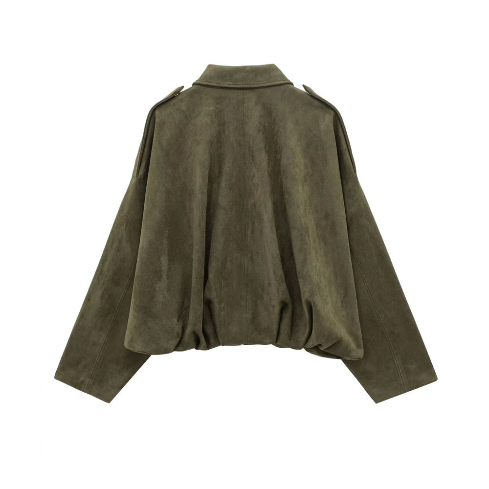 PB&ZA 2025 Women Faux Suede Collared Jacket with Shoulder Straps Loose