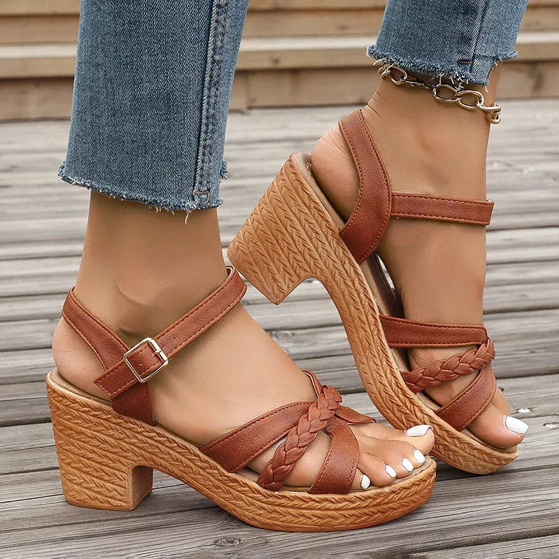 Lucyever Lightweight High Heeled Sandals for Women 2025 Summer Ankle Buckle Female Gladiator Sandal Woven Platform Sandles Woman - Roberto Fashion House