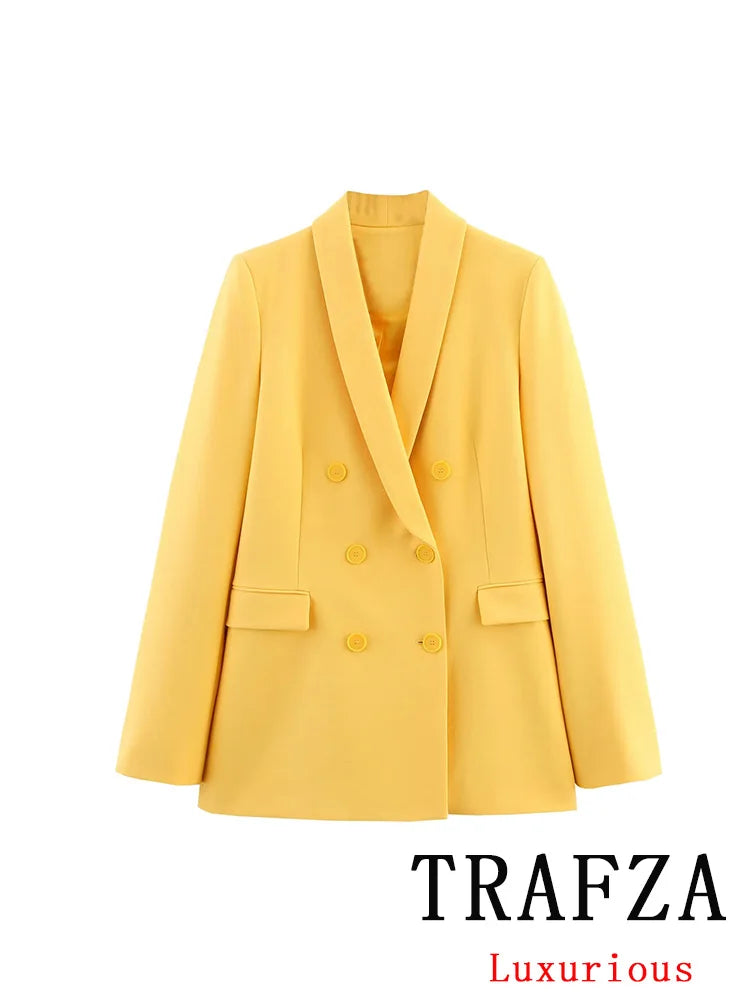TRAFZA Vintage Office Lady Yellow Solid Suit V Neck Pockets Double Breasted Blazer Straight Loose Pants New Fashion 2025 Sets