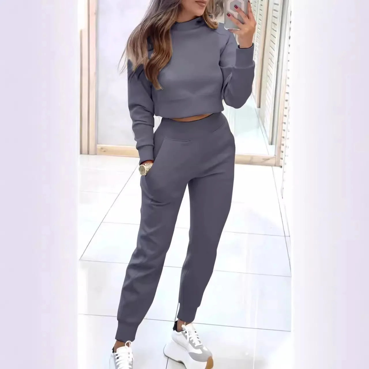 Women Elegant Autumn Solid Color Pants 2-piece Set Fashion Long-sleeved Half Turtleneck Short Top + Nine-point Slim Suit Female