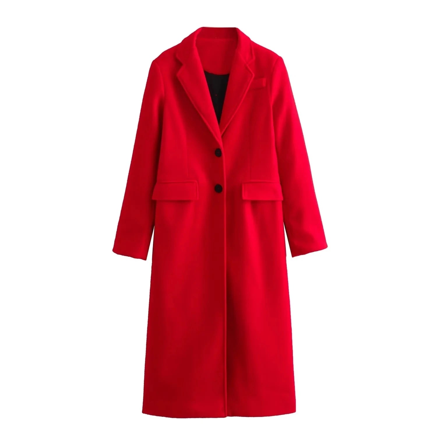 TRAFZA 2024 Autumn Winter Women Casual Long Coats Fashion Streetwear Solid Turn Down Collar Single Breasted Elegant Long Jackets