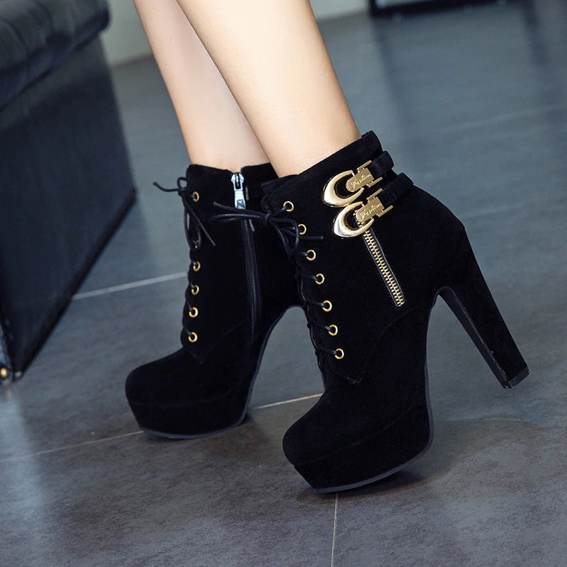 Fashion Women's Ankle Boots High Heeled Platform Short Boot Female Buckle Flock Zipper Gray Ladies Party Shoes Large Size 50 - Roberto Fashion House