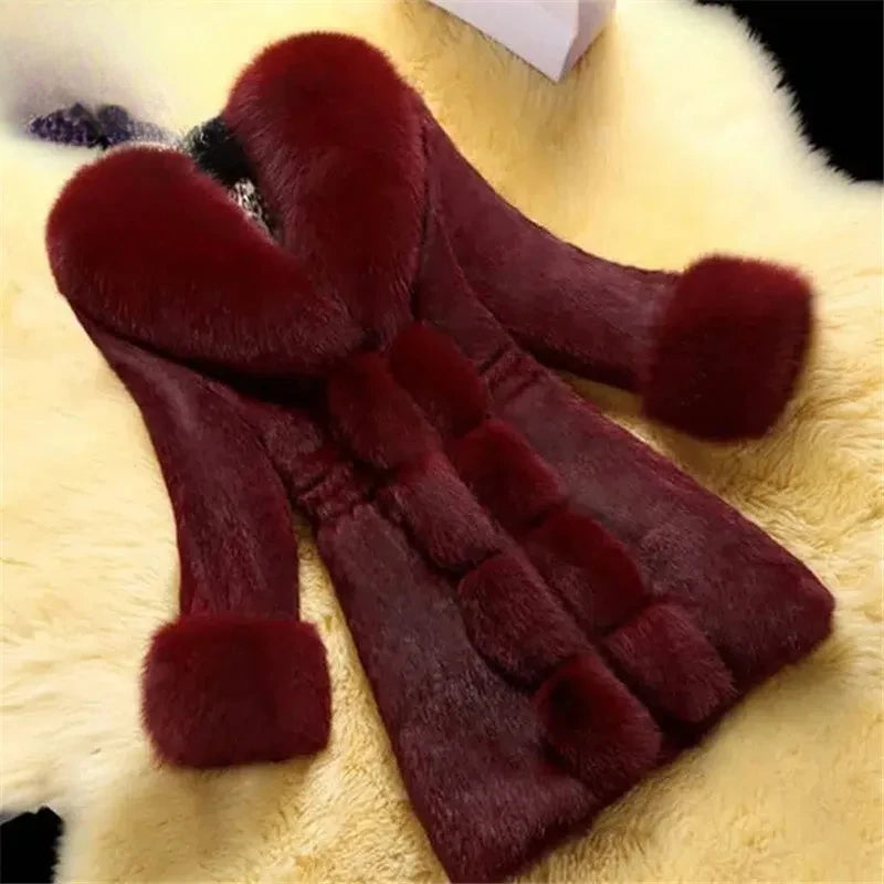 Korea Fashion Imitation Rabbit Hair Jacket Women's Elegant Fake Fur Coat Female Clothing Winter Slim Warm Mid-Long Overcoat