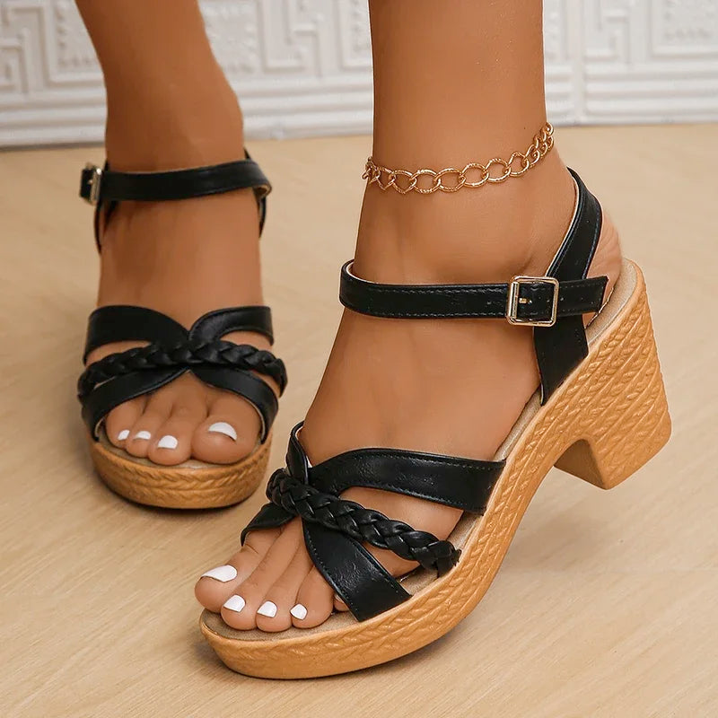 Lucyever Lightweight High Heeled Sandals for Women 2025 Summer Ankle Buckle Female Gladiator Sandal Woven Platform Sandles Woman - Roberto Fashion House