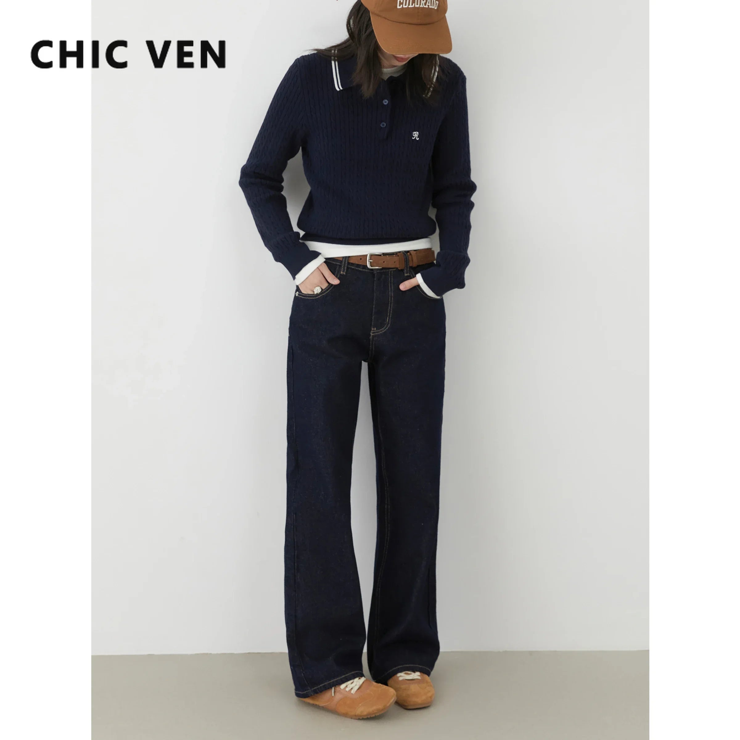 CHIC VEN Women Jeans Streetwear Retro Straight Wide Leg Denim Pant Blue Slimming Female Trousers Spring Autumn 2024