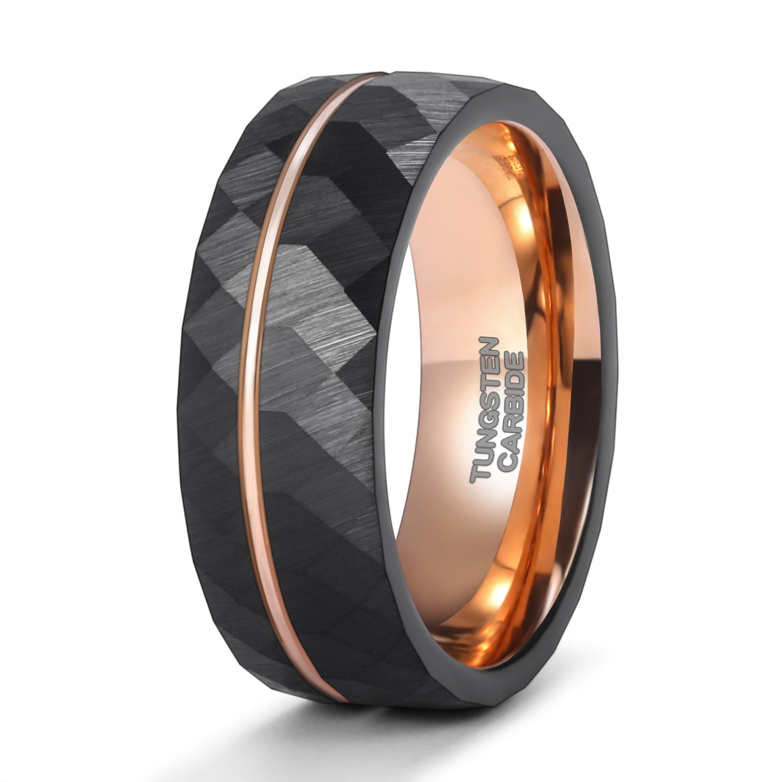 1pc 6mm (0.24'')/8mm (0.31'') Fashion Inlaid Rose Golden Wire Black Rhombic Men's Tungsten Steel Ring - Roberto Fashion House