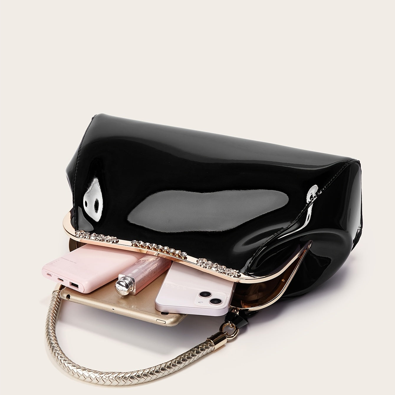 Glossy Patent Women'S Handbag with Diamonds, Solid Color Evening Bag with Adjustable Shoulder Strap, Polyester Lined, Buckle Closure, Occasion Theme, Evening Ba - Roberto Fashion House