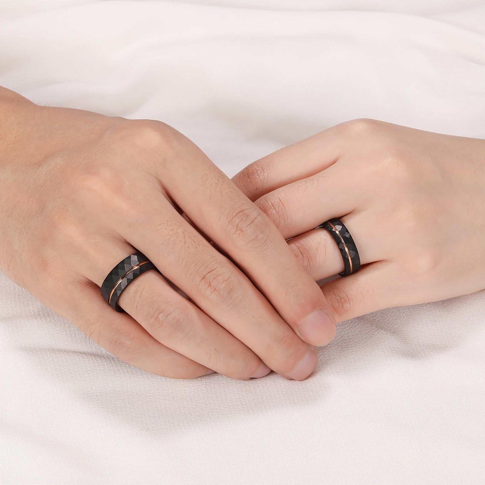 1pc 6mm (0.24'')/8mm (0.31'') Fashion Inlaid Rose Golden Wire Black Rhombic Men's Tungsten Steel Ring - Roberto Fashion House