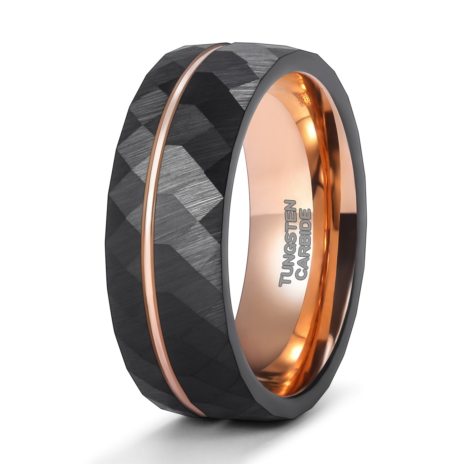 1pc 6mm (0.24'')/8mm (0.31'') Fashion Inlaid Rose Golden Wire Black Rhombic Men's Tungsten Steel Ring - Roberto Fashion House