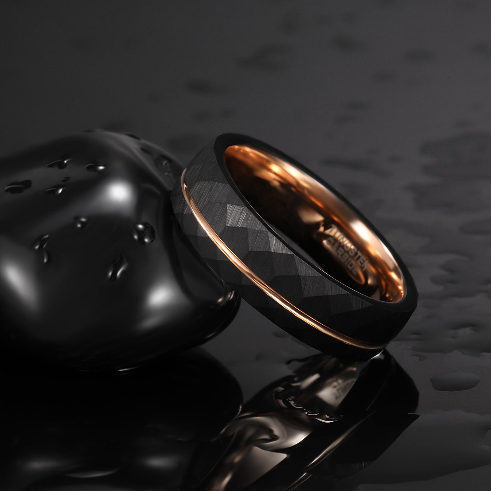 1pc 6mm (0.24'')/8mm (0.31'') Fashion Inlaid Rose Golden Wire Black Rhombic Men's Tungsten Steel Ring - Roberto Fashion House