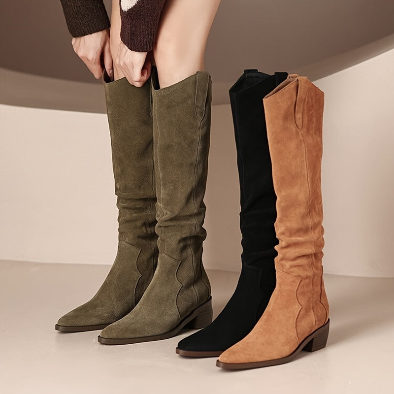 Women's Vintage Western Cowboy Boots - Knee-High Pull-On Boots with Chunky Heels, Slip-Resistant PU Outsole - Western Booties for Women, Country Western Events & Everyday Outfits - by Ylxhoa, Cowboy Accessories, Casual Wear, - Roberto Fashion House